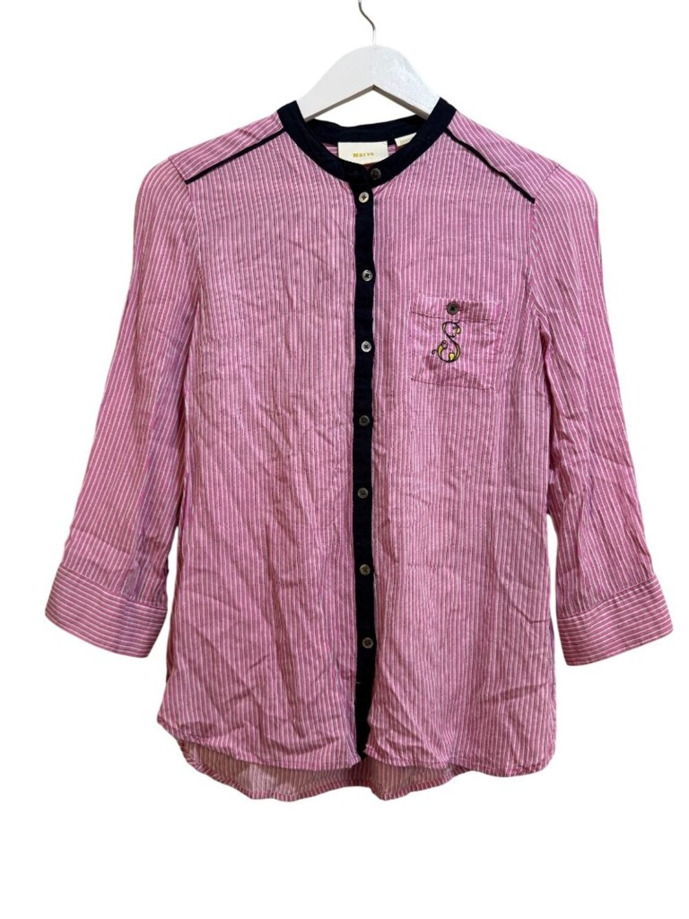 Maeve Anthropologie Monogrammed Embroidered "S" Mandarin Collar Top XS